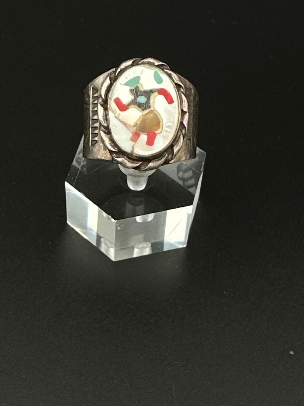Vintage Zuni Sterling Mosaic Inlay Ring, Size 11, Kachina Dancer